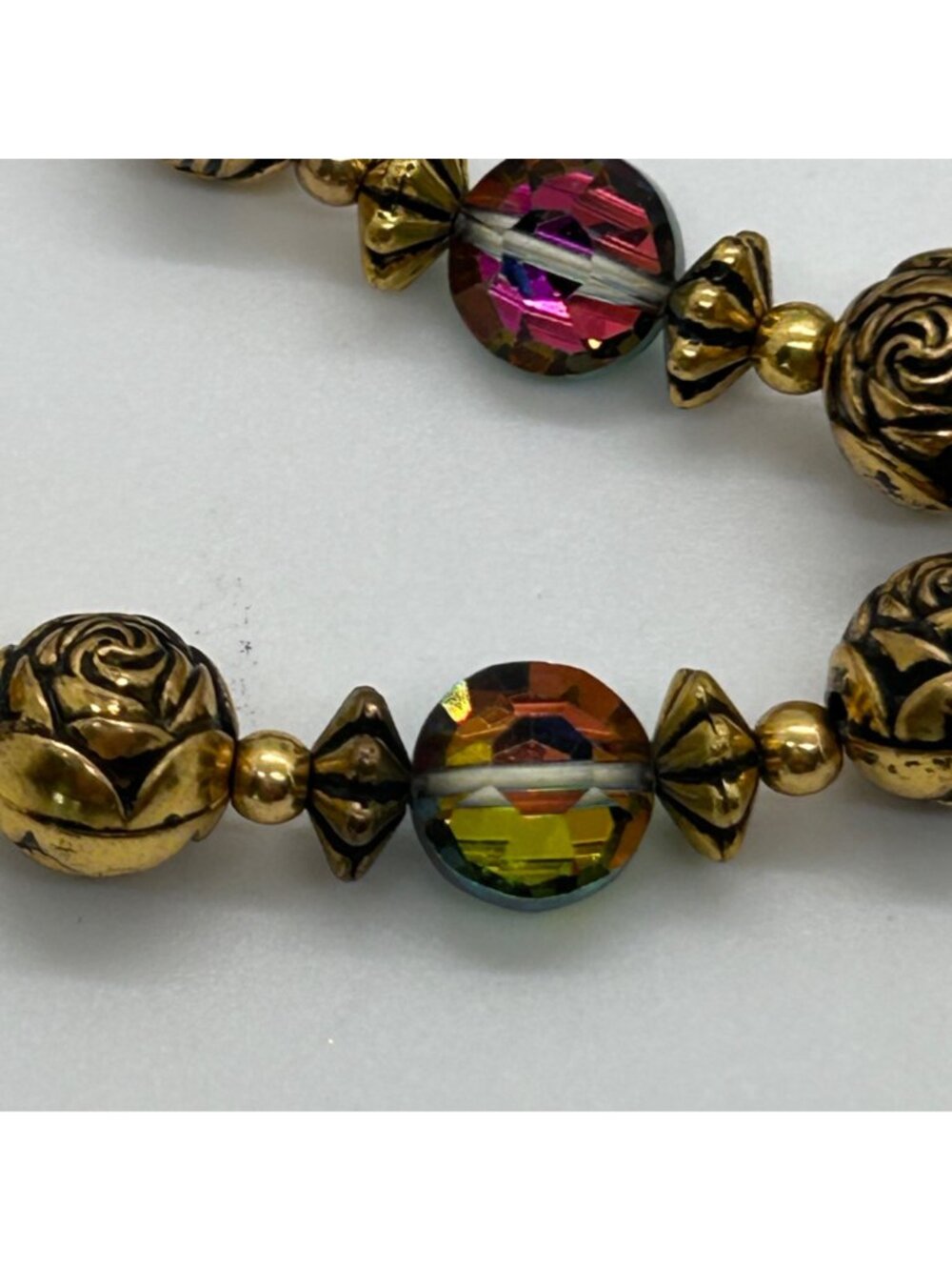Vintage 1950s Double Strand Gold Rosette Aurora Borealis AB Crystal Bracelet - Picture 10 of 11